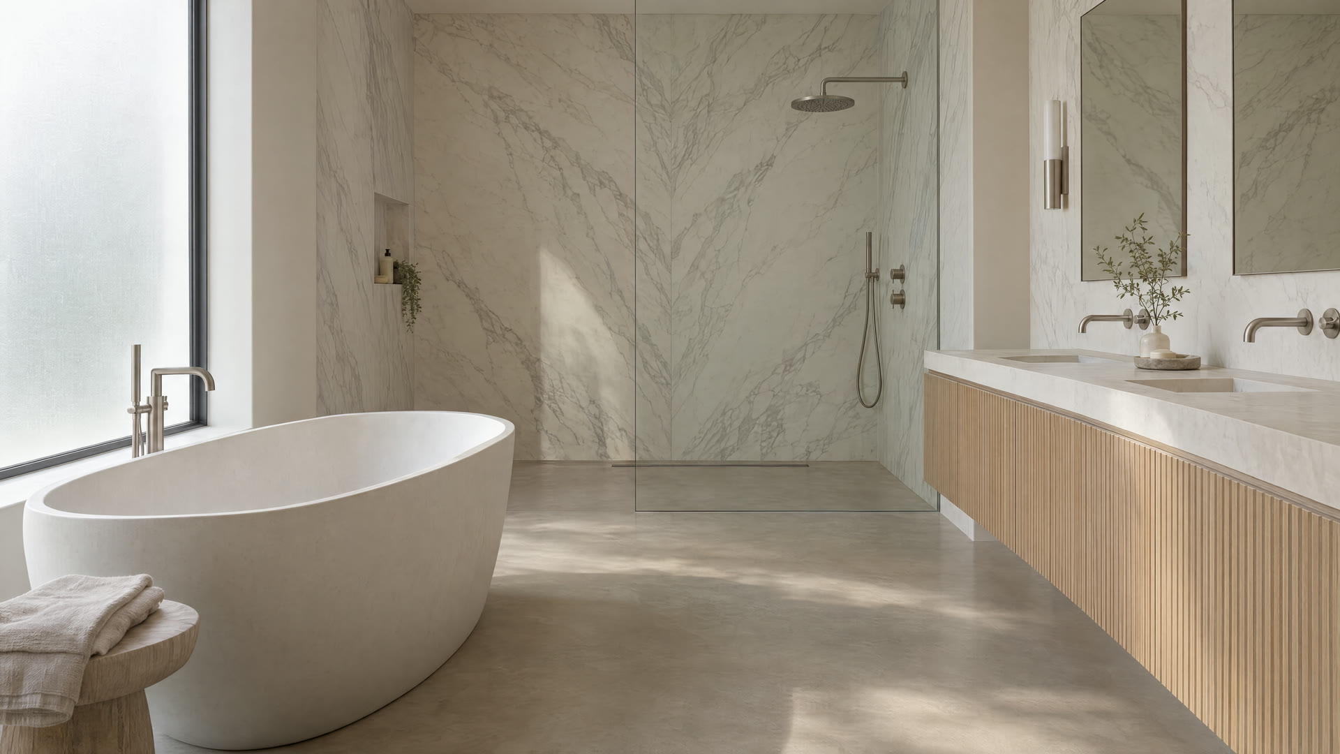 Concept render: the finished bathroom with a freestanding tub and a marble curbless shower