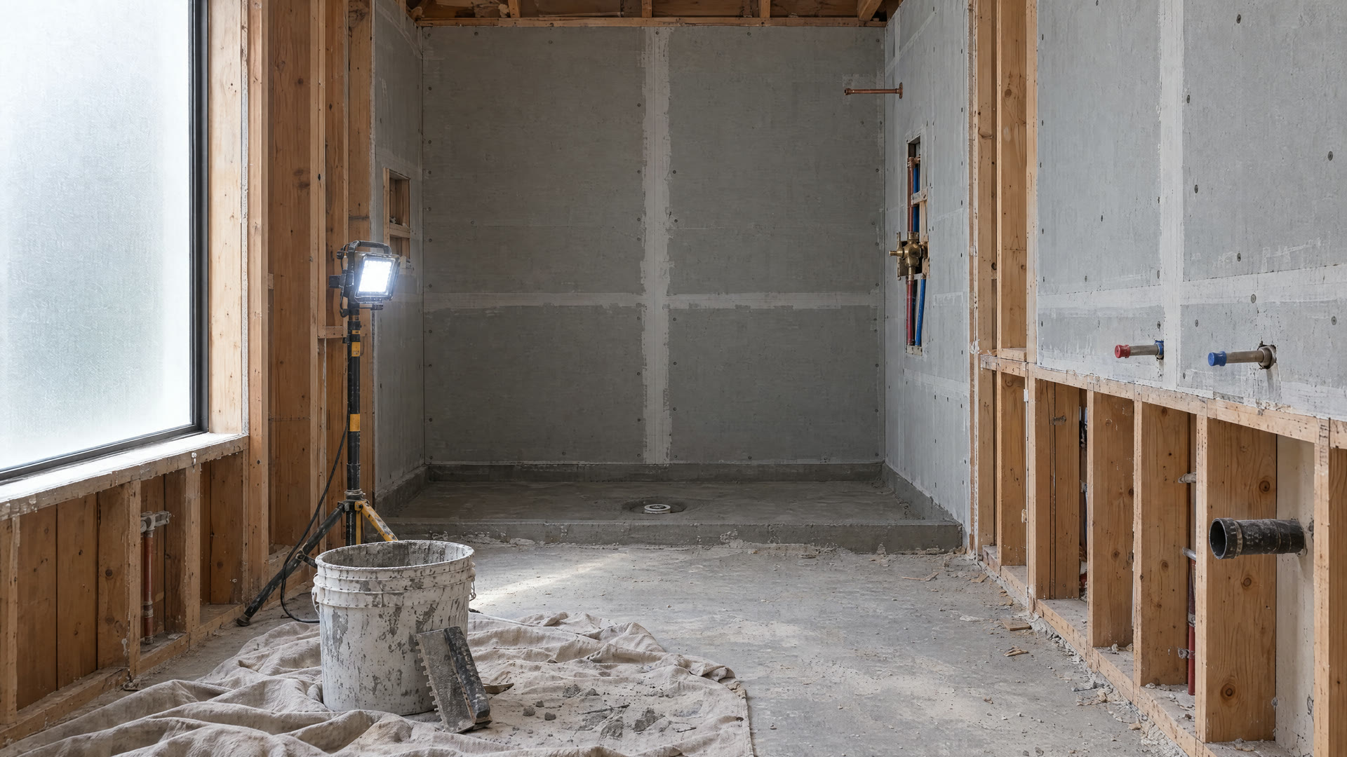 Concept render: the bathroom gutted, with cement board and shower rough-in exposed