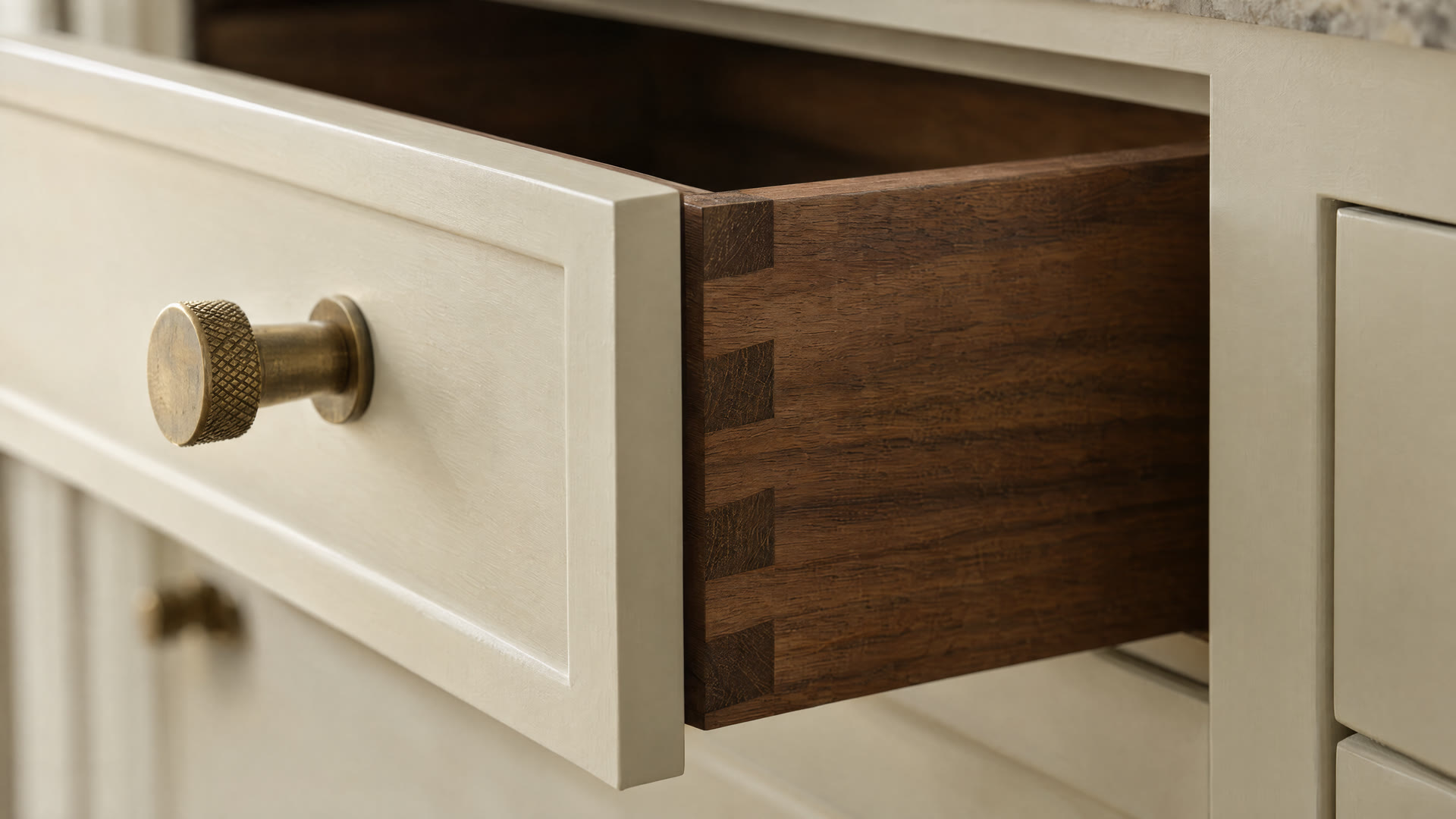 Concept render: the finished inset drawer with walnut dovetails and a brass pull