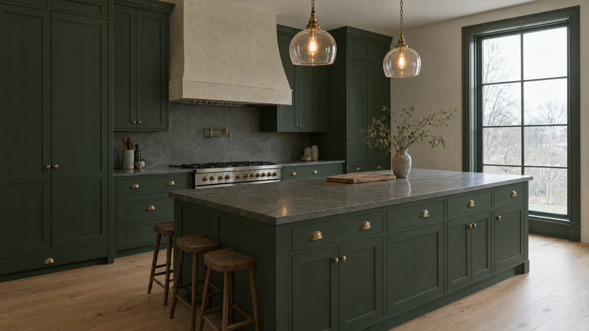 Concept render: the finished kitchen in deep green cabinetry with soapstone counters