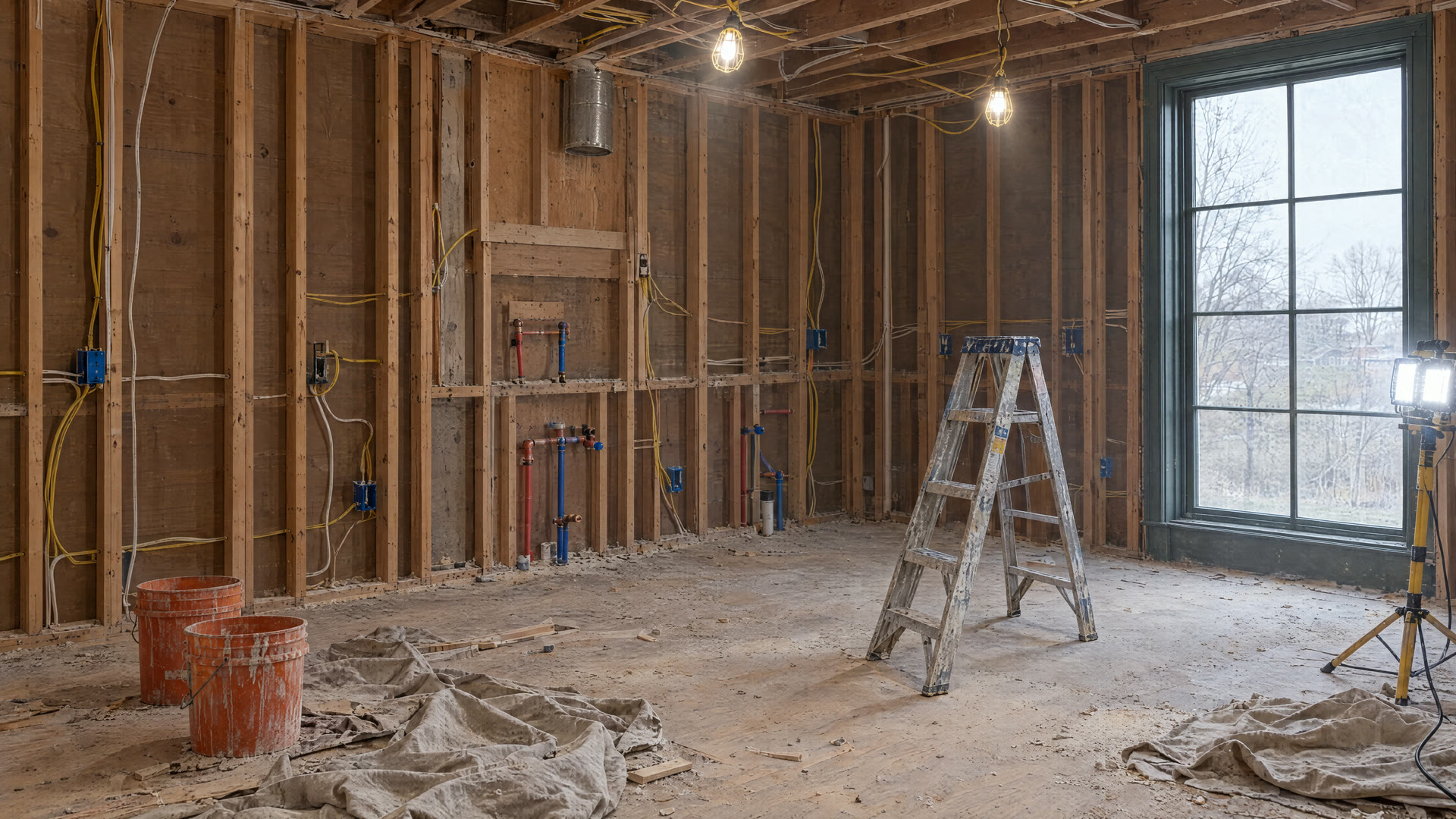 Concept render: the kitchen stripped to studs, with rough-in wiring and plumbing